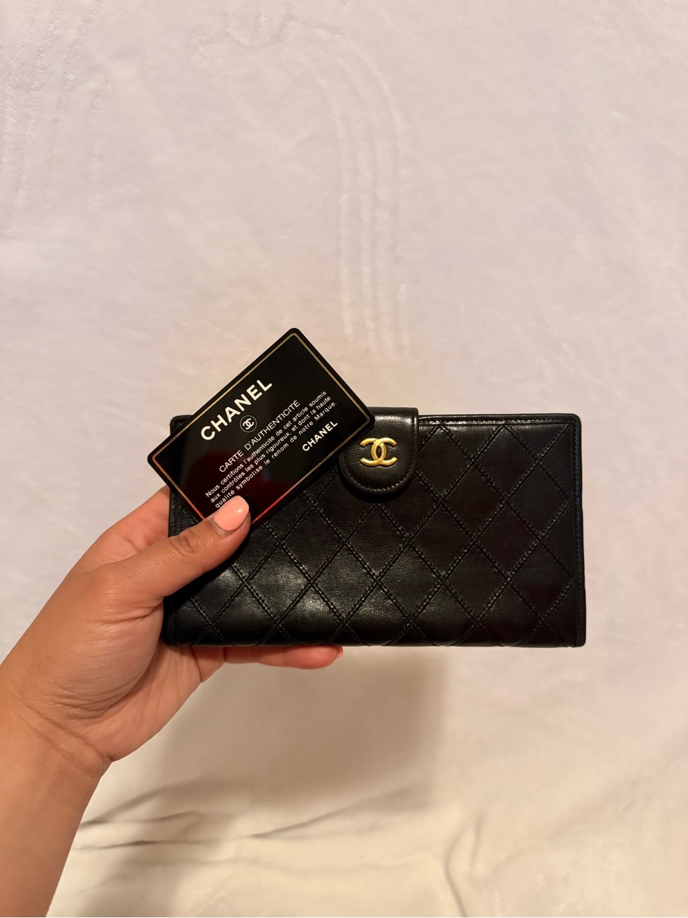 CHANEL No. 4 Lambskin Matelasse Long Wallet Black